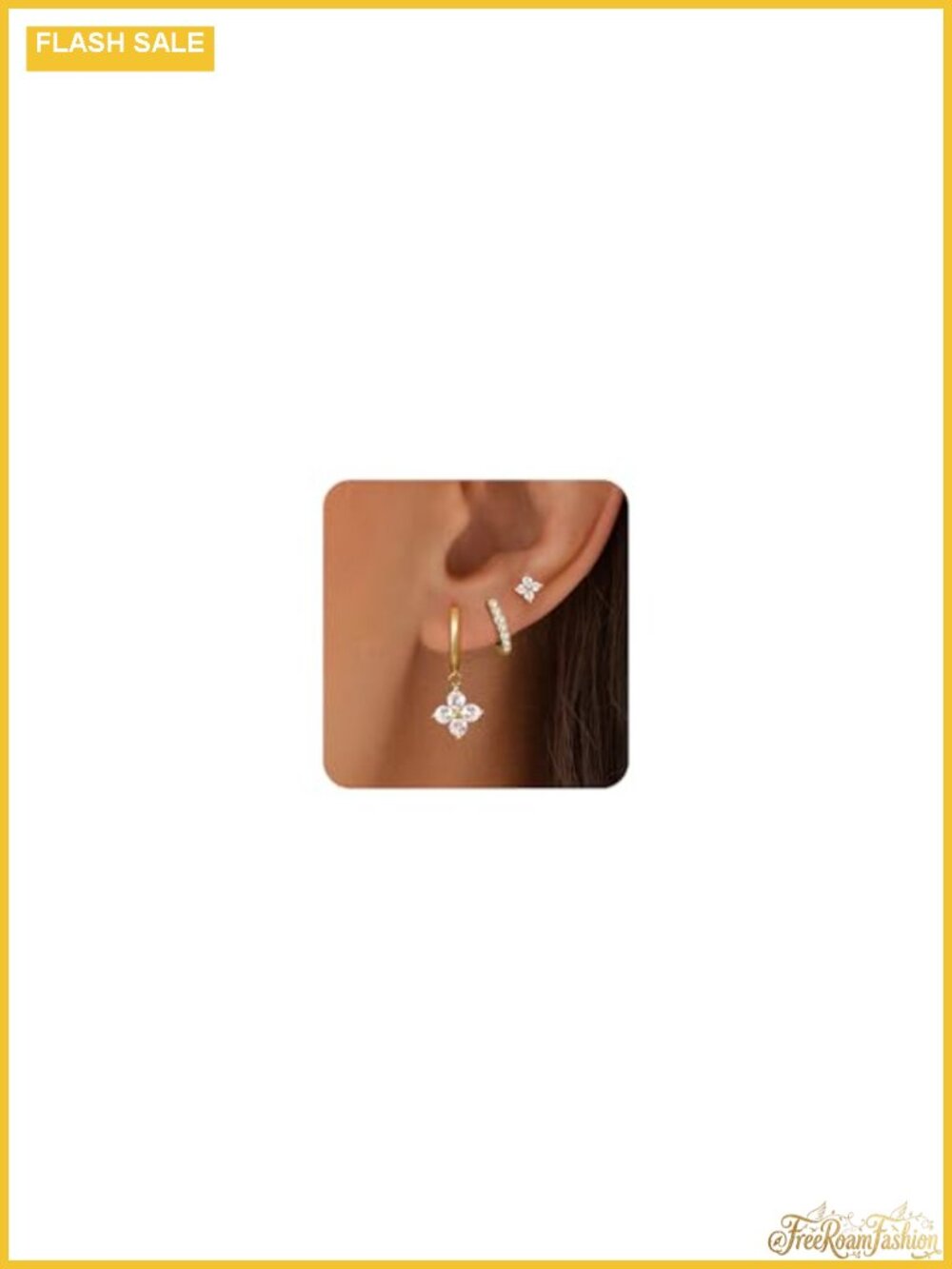 3 Pairs Stainless Steel 14K Gold Plated CZ Clover Hoop Stud Earrings